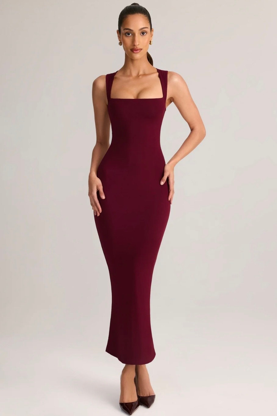 Oh Polly Ainslee Modal Square-Neck Bodycon Midi Dress In Wine Size Xs